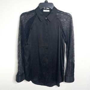 Equipment Femme Iridescent Black 100% Silk Lace Sleeves Minimalist Goth Blouse